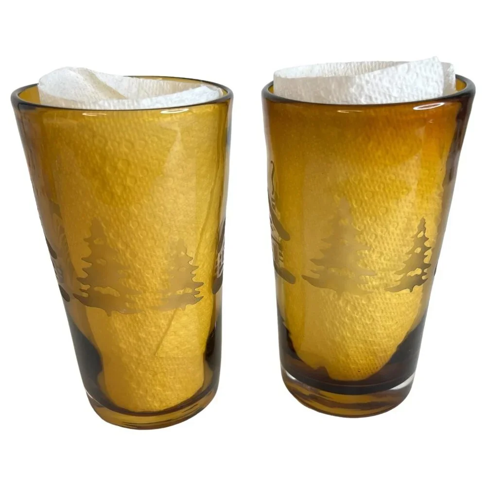 2 Home Studio Woodland Amber Glass Tumblers Etched Winter Scene 20 OZ Cabin Tree